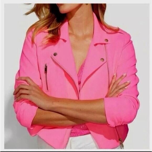 Generation Love Colleen Crepe Moto Jacket Ruched Sleeves Zip Up Ultra Pink S NEW - Picture 2 of 10